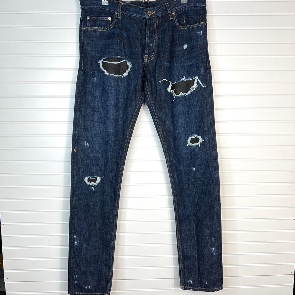 MENS PUBLIC SCHOOL PS13 NYC MADE LEATHER PATCHED DARK SLIM FIT JEANS 36x34